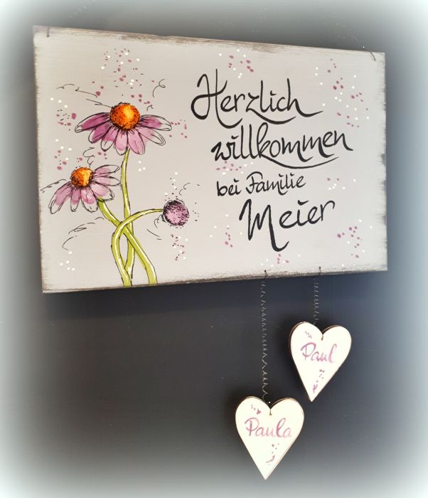 Türschild grau mit Blumen