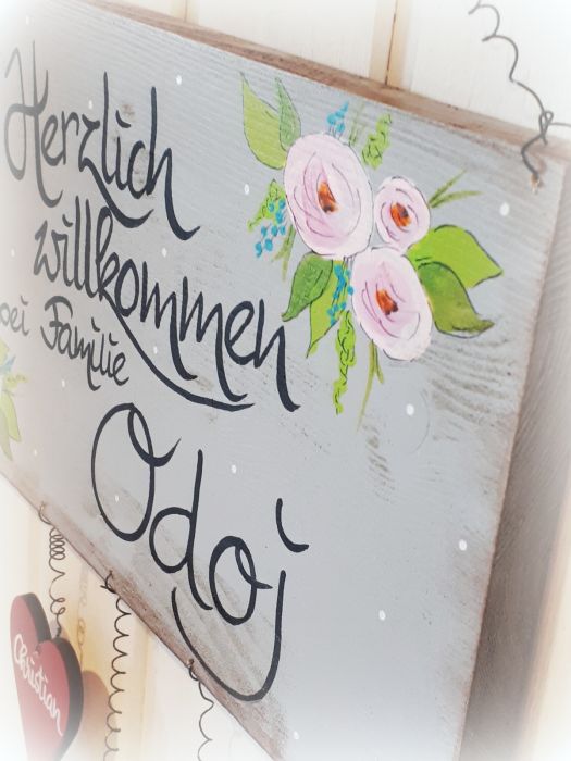 Türschild grau mit romantischen Blumen