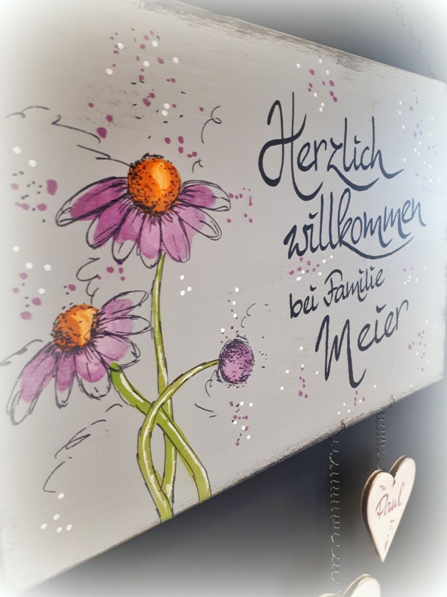 Türschild grau mit Blumen